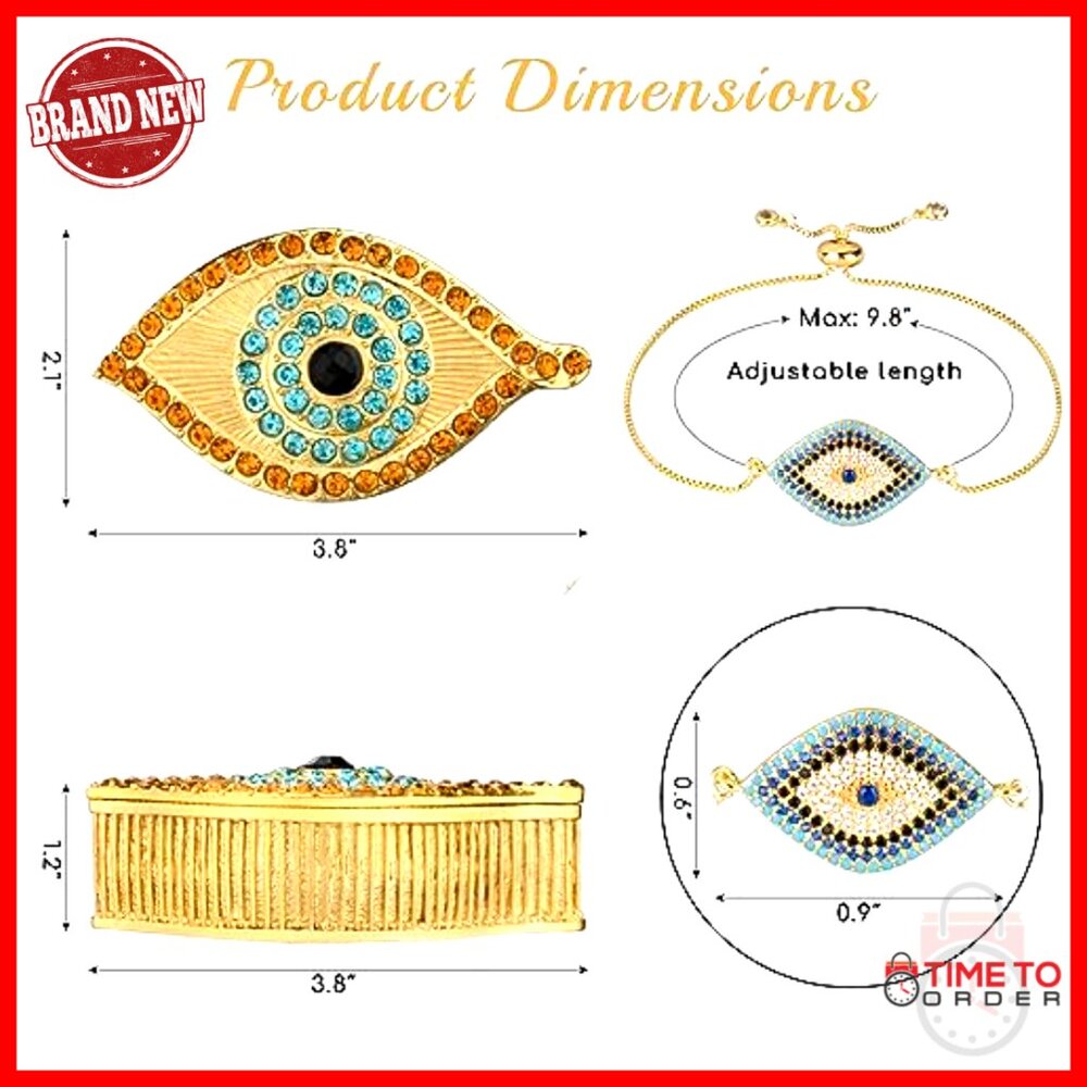 Handmade Evil Eye Jewelry Box Gold Keepsake Magnetic Closure Crystals Boho Decor - Picture 4 of 7